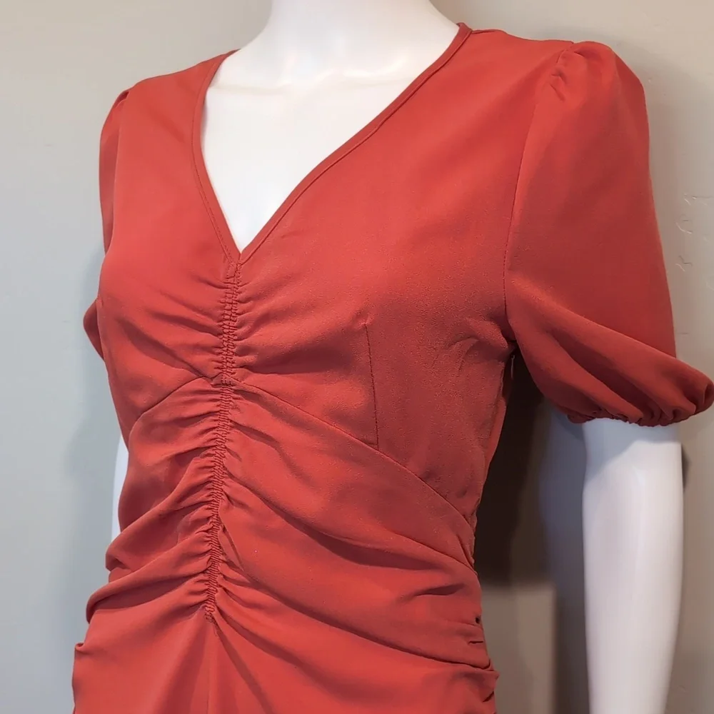 SHEIN Coral Pink V Neck Ruched Front Short Sleeve Mini Dress Size Medium